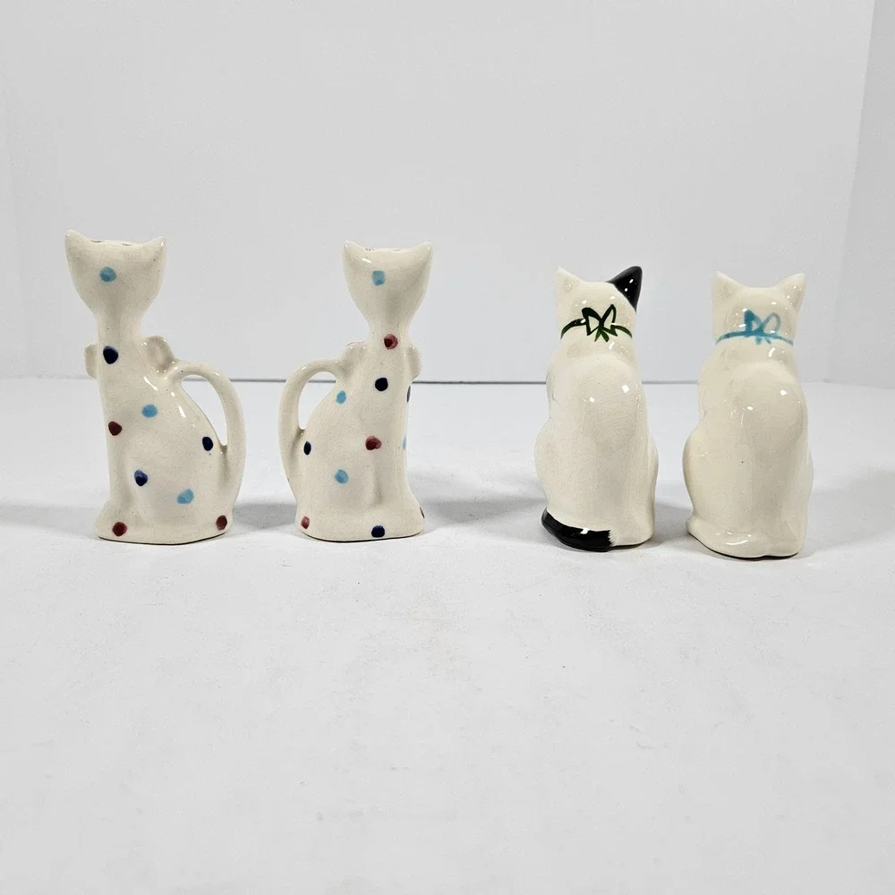Vintage Ceramic Cat Salt and Pepper Shakers 2 Sets Polka Dot and Calico Feline